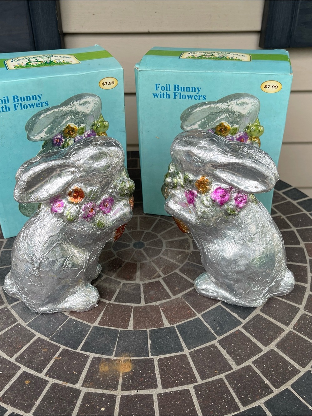 Foil Bunny with Flowers Decorative Pair - Silver Ceramic